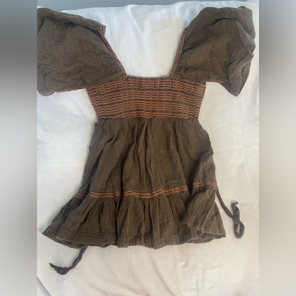 Free People Brown Mini Dress with Puff Sleeves